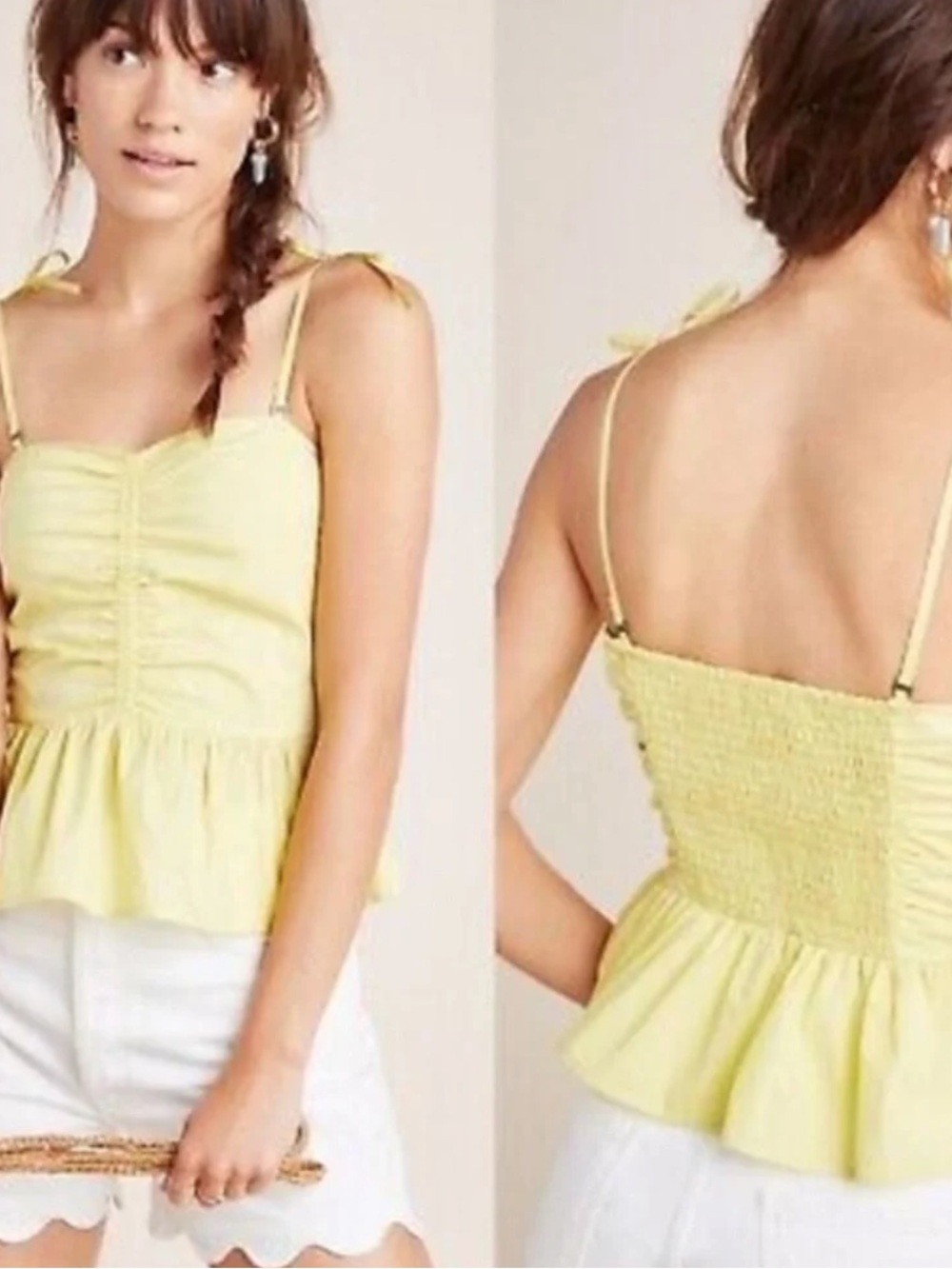 Anthropologie Pale Yellow Tie-Shoulder Peplum Camisole
